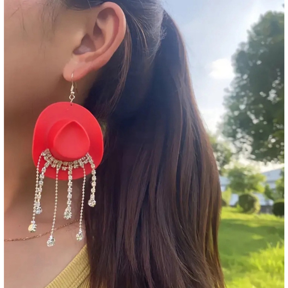 Boutique Jewelry - Red Cowboy Hat with Rhinestone Dangles Earrings